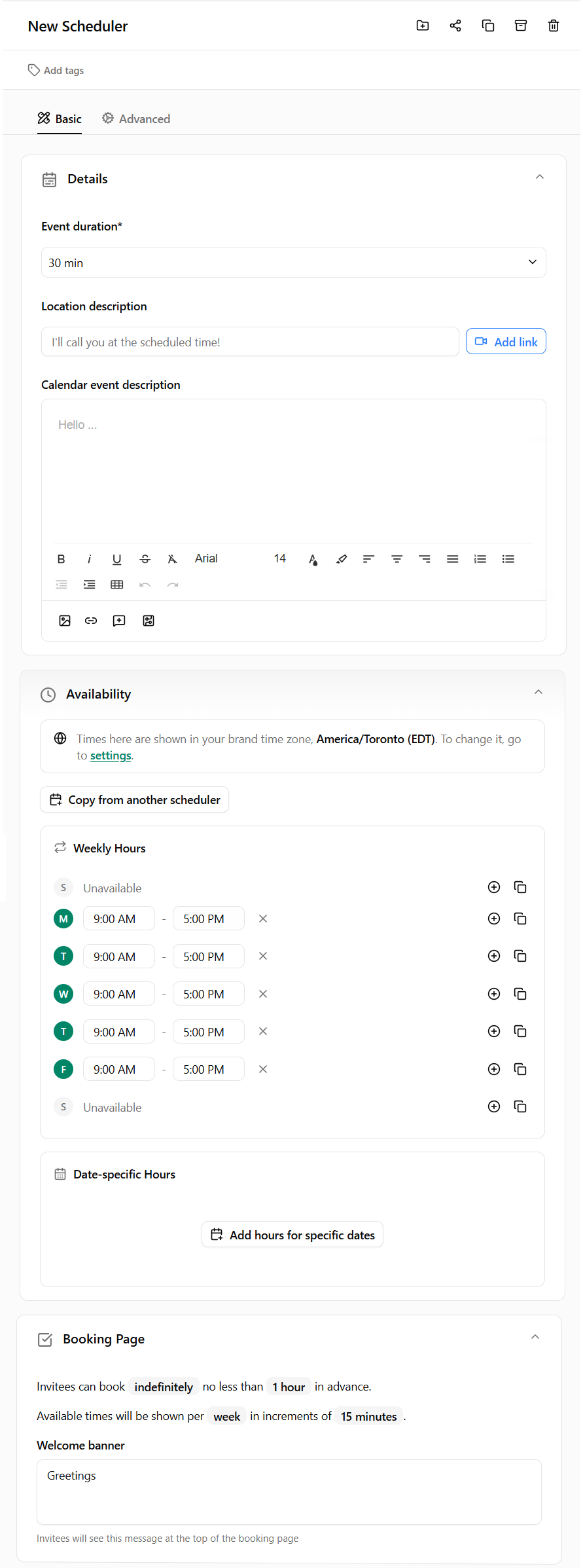 Dubsado scheduler basic settings screenshot: Dubsado scheduler basic settings panel with appointment name, duration, and availability fields