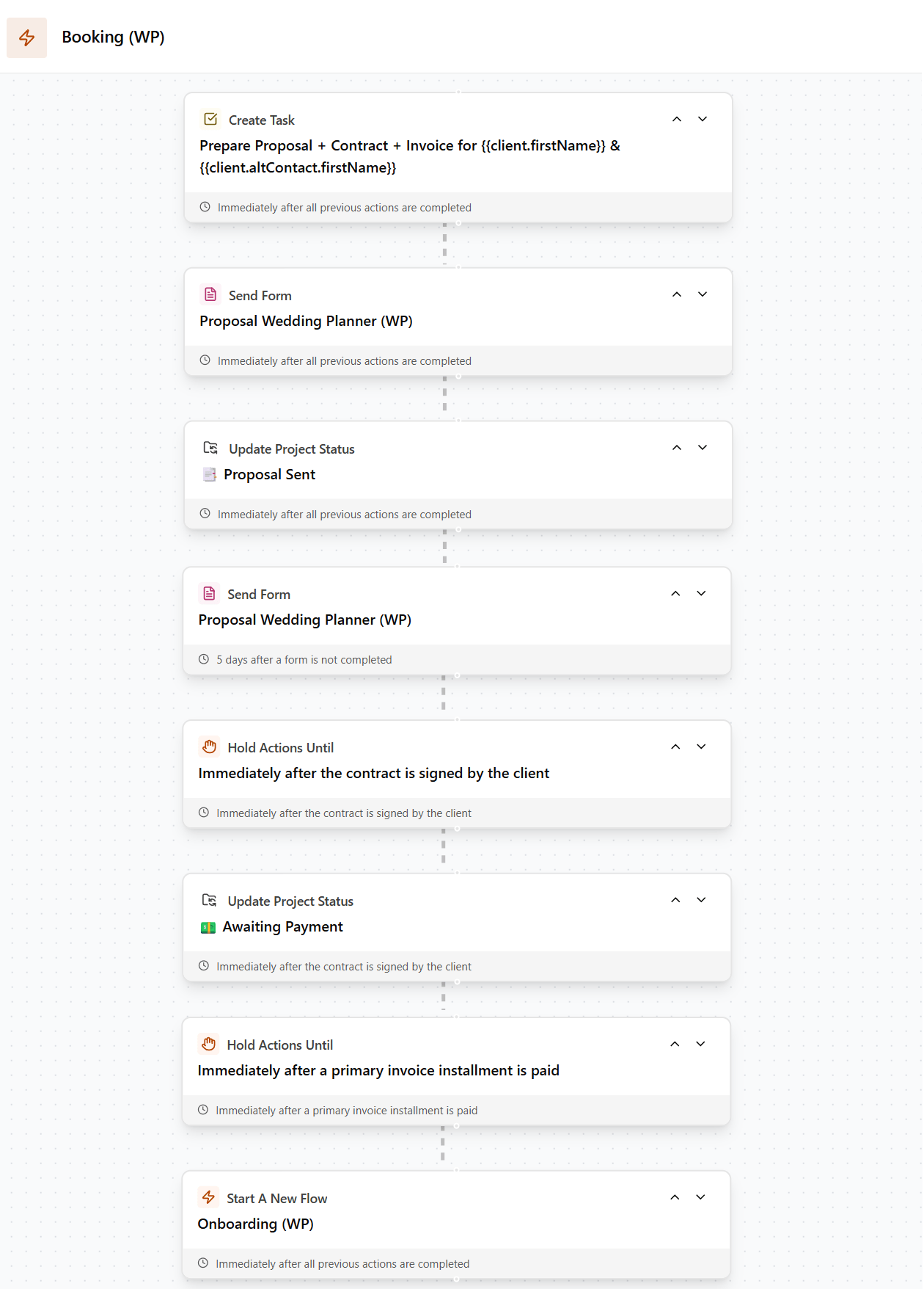 Dubsado flow builder showing automated sequence to send a proposal and follow up with a client