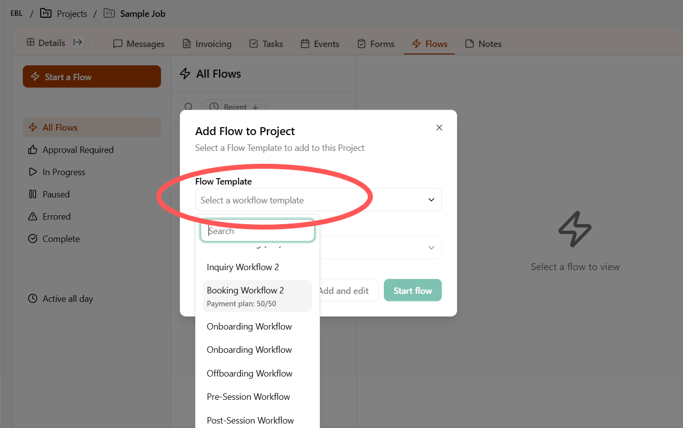 Select Flow template from dropdown menu in Dubsado