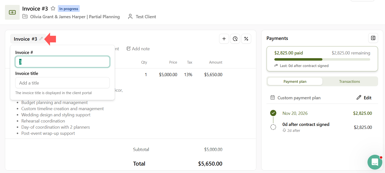 Change the invoice number in Dubsado