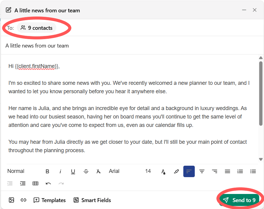 Dubsado 3.0 bulk email sending to multiple contacts at once