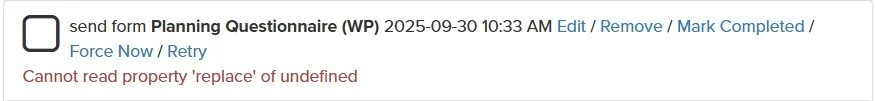 Cannot read property 'replace' of undefined Dubsado workflow error