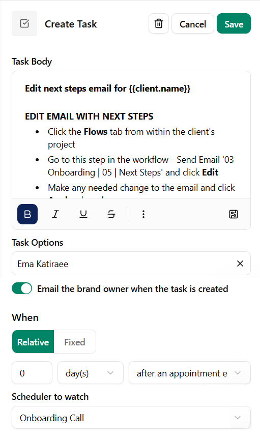 To-do action in Dubsado workflow to edit email after a client meeting
