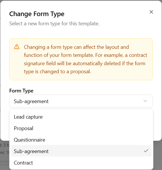 Change the form type in Dubsado