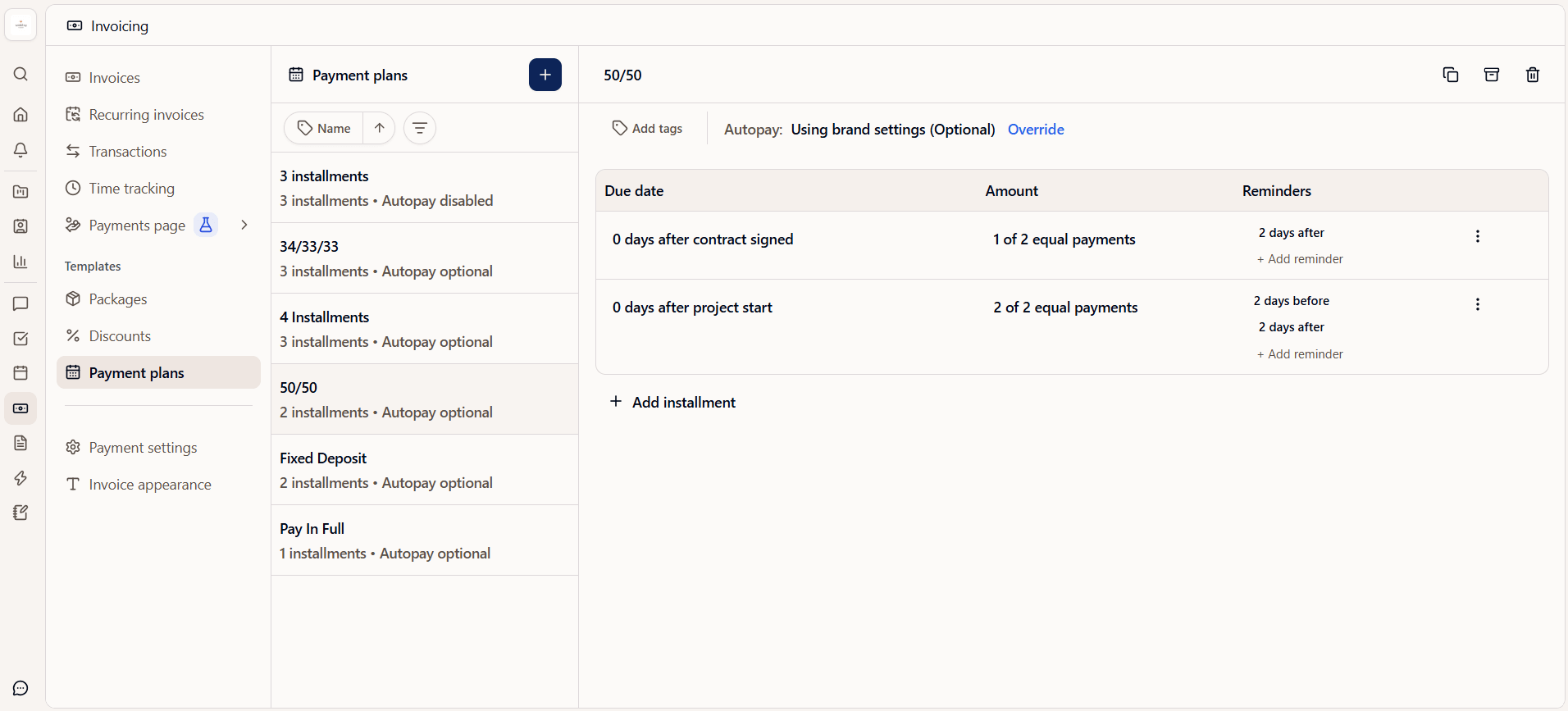 Dubsado 50/50 payment plan example