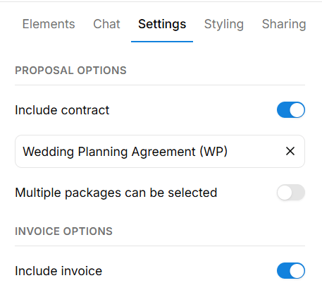Dubsado proposal settings to add contract and invoice for 3 in 1 proposals