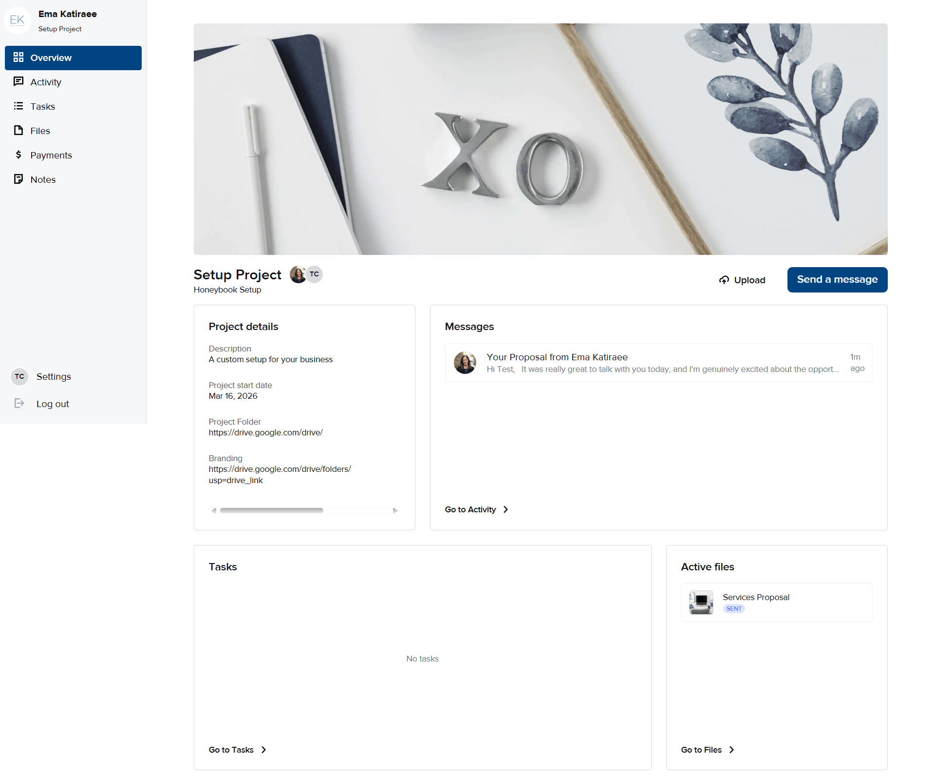 oneyBook client portal showing a project overview with project details, messages, tasks, and active files
