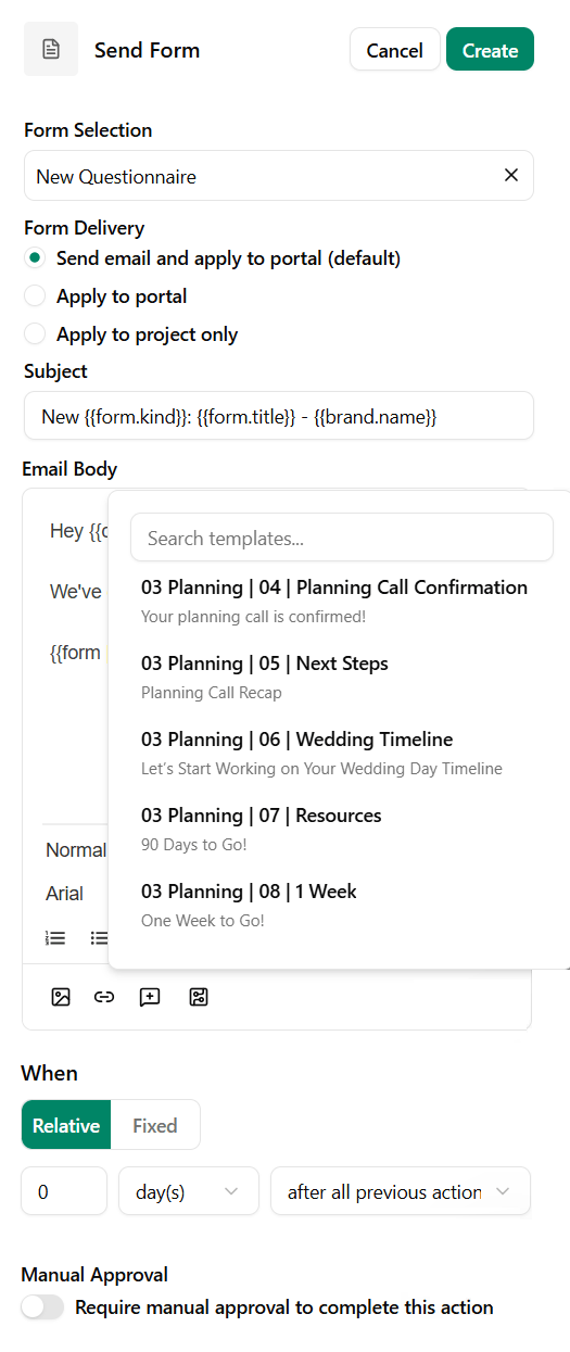 Send a form in a canned email via workflow