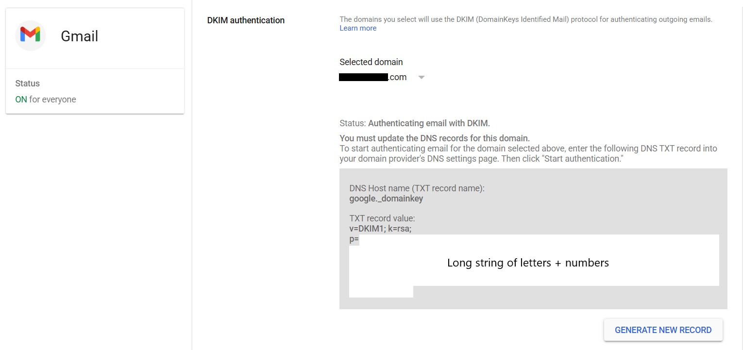 DKIM authentication record generated in Google Workspace admin console