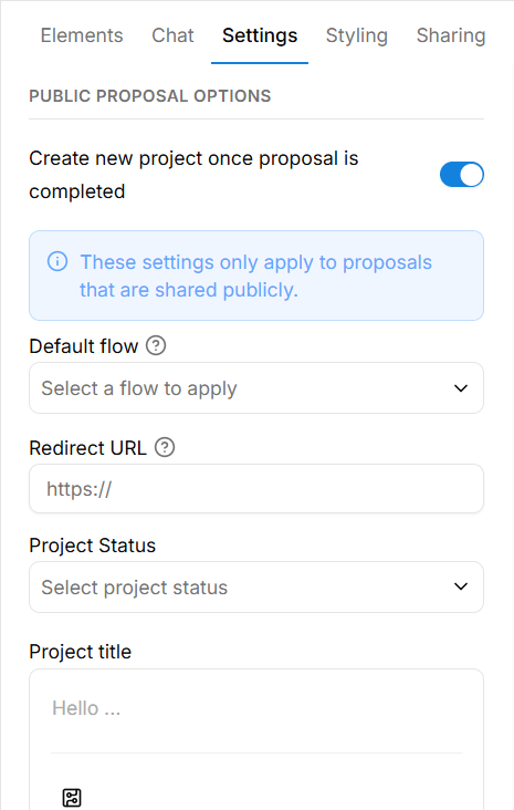 Dubsado proposal form settings showing the toggle to create a new project once a proposal is completed along with options to assign a workflow, redirect URL, project status, and project title