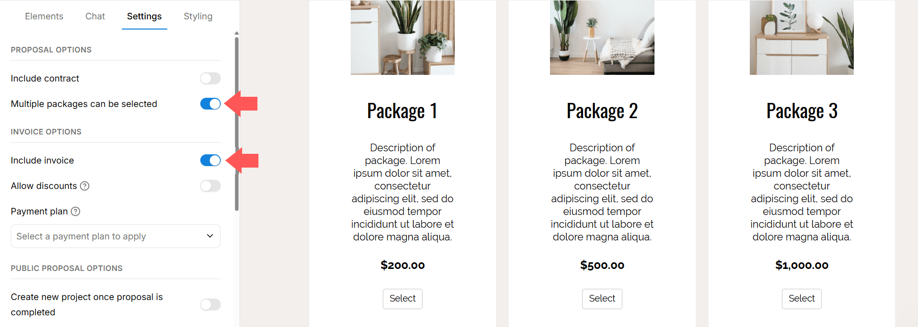 Proposal settings in Dubsado to allow for multiple packages to be selected