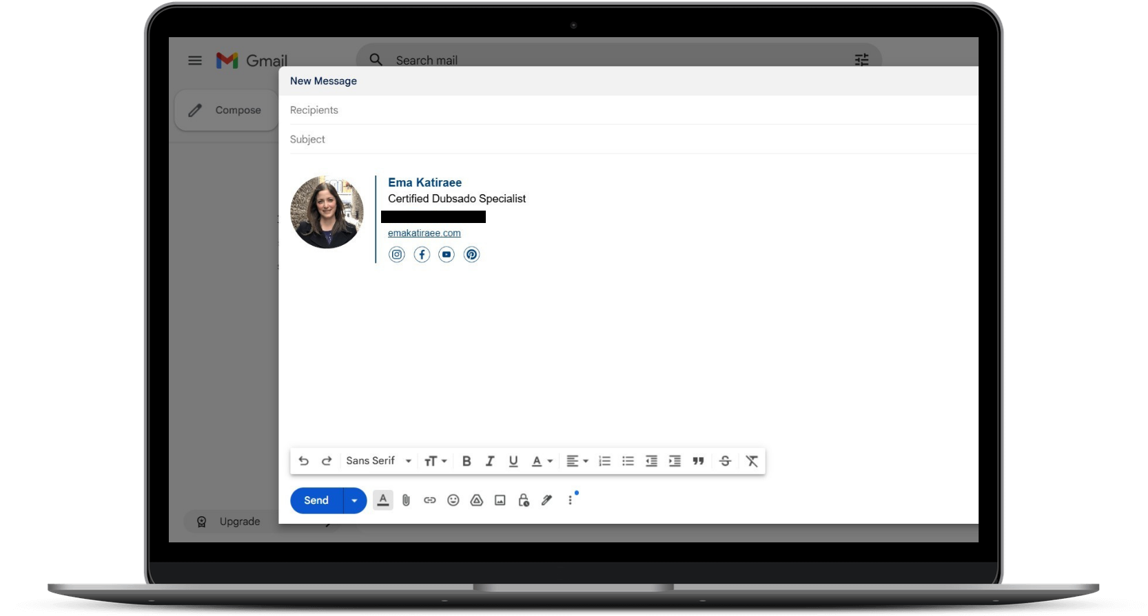 Laptop displaying Gmail Email signature made with ChatGPT