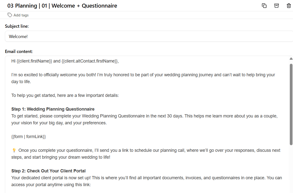 Wedding Planner Welcome Email