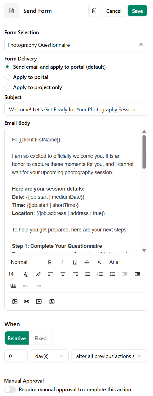 Welcome email after photoshoot booked
