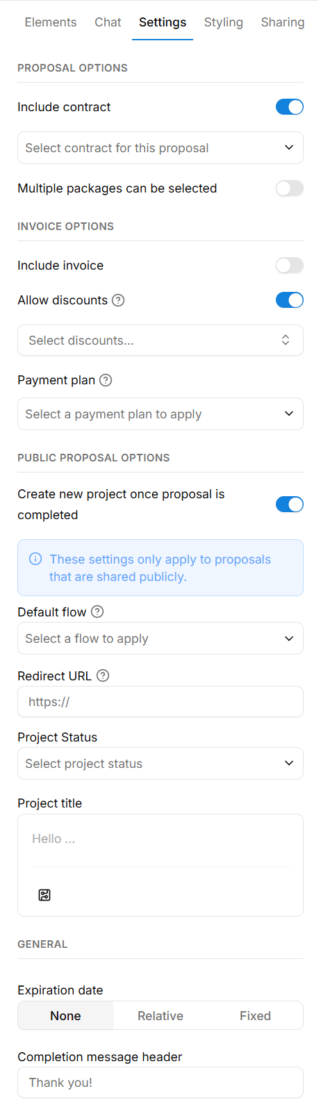 Dubsado form settings panel showing proposal options, invoice options, public proposal settings, general settings including expiration date and password protection, and legacy mode toggle