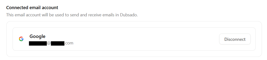 Dubsado Settings Emails page showing a connected Gmail account