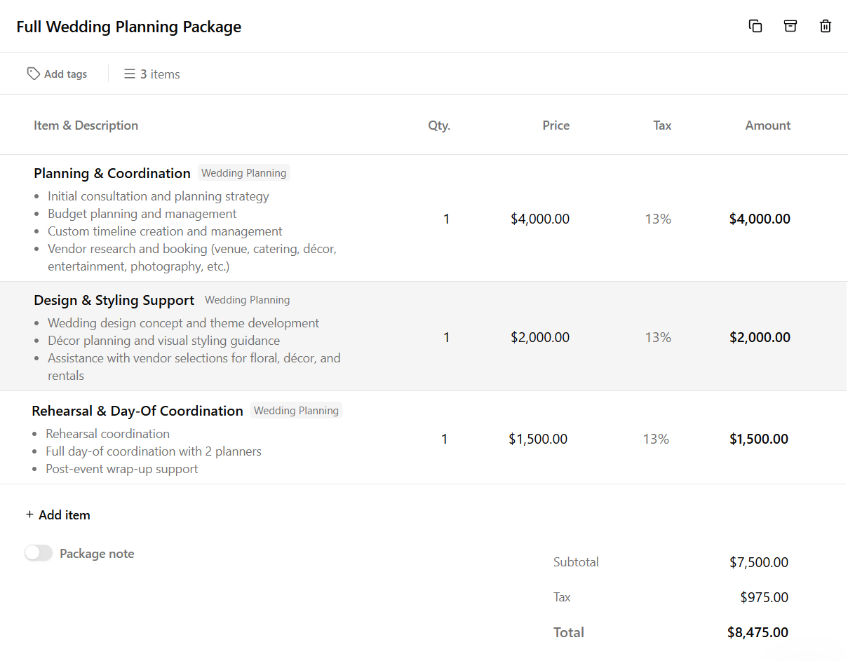 Package details of a multi-line package in Dubsado