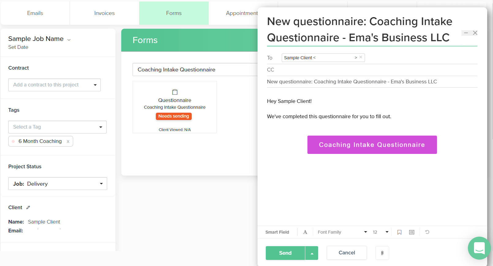 Send a form in a canned email manually in Dubsado