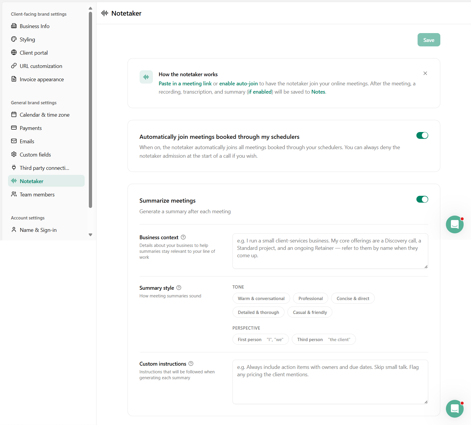 Dubsado 3.0 Notetaker settings page