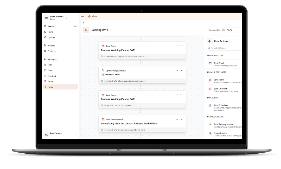 Dubsado workflow for a wedding planner displayed on a laptop