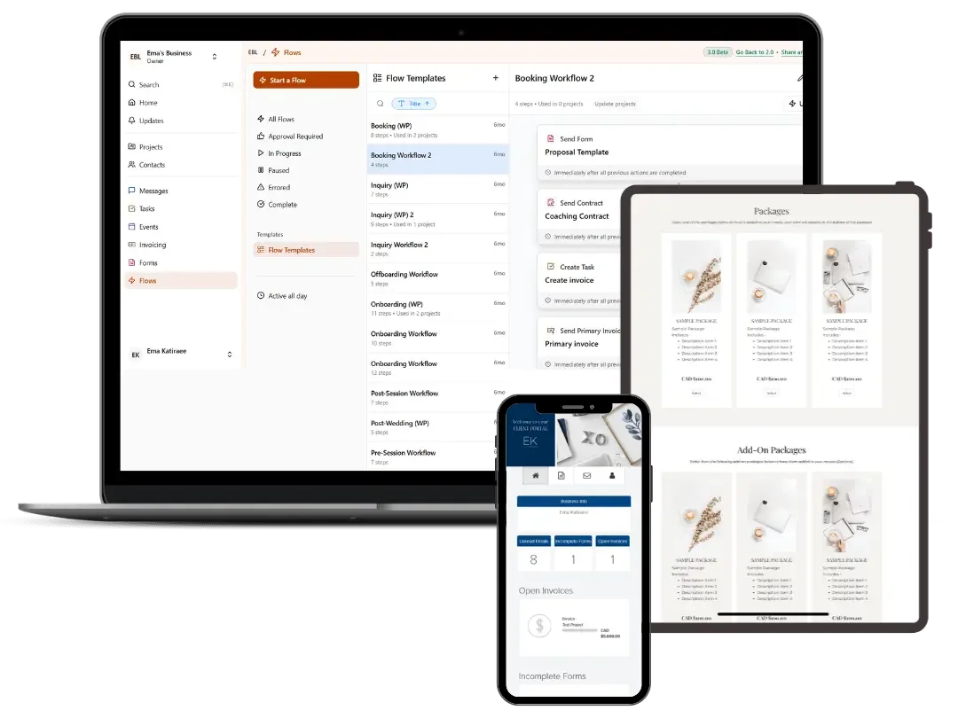 Screenshots of Dubsado forms, client portal and workflows displayed on a laptop, tablet, and smartphone.