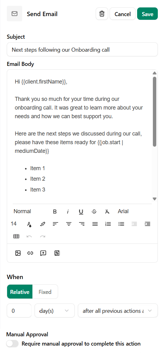Send email with next steps to client after editing with a to-do