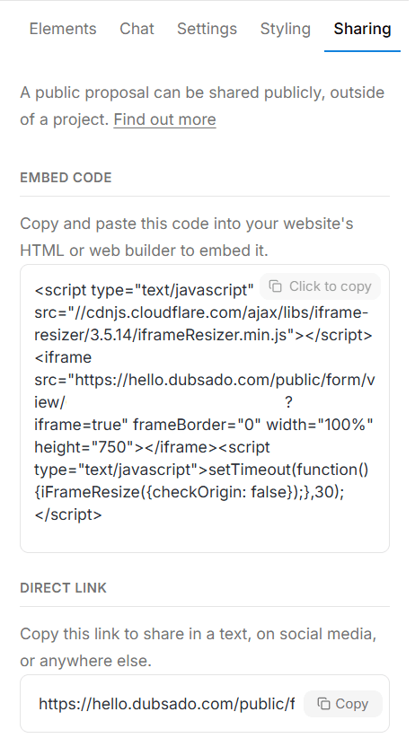Dubsado Form Sharing menu. Click to copy the embed code or direct link