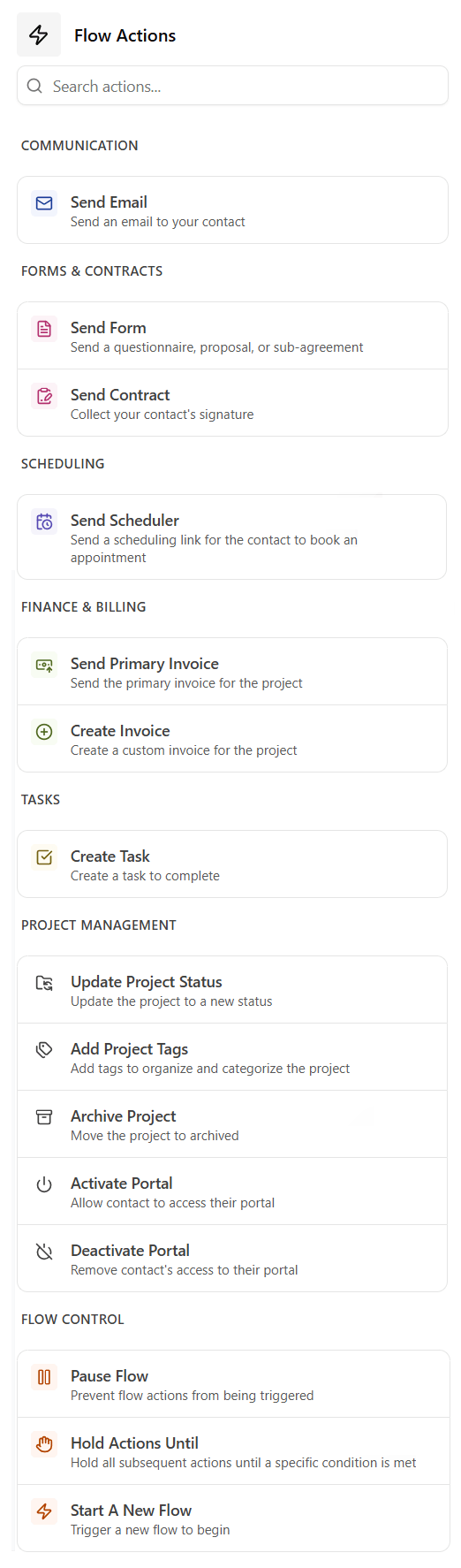 List of Dubsado Workflow Actions