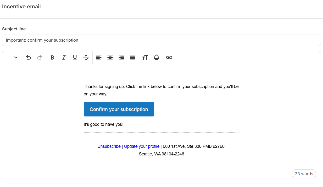 Default Kit incentive email template in the form settings editor