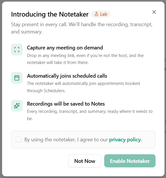 Dubsado 3.0 Notetaker introduction screen
