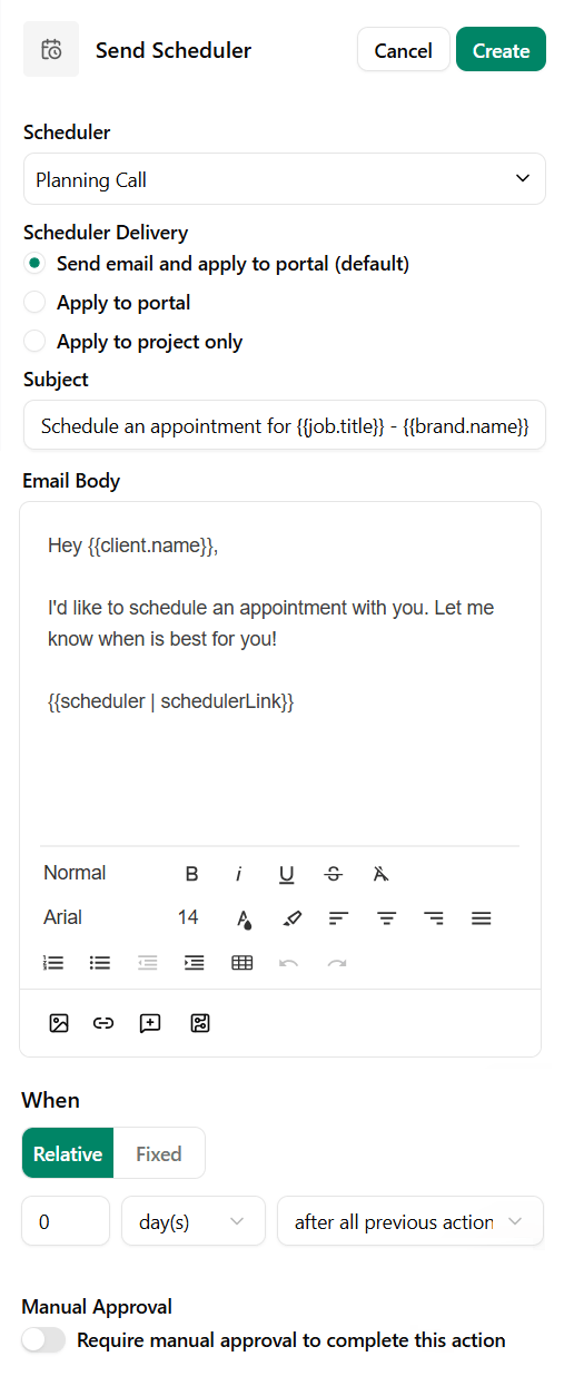 Send an scheduler in a canned email via workflow