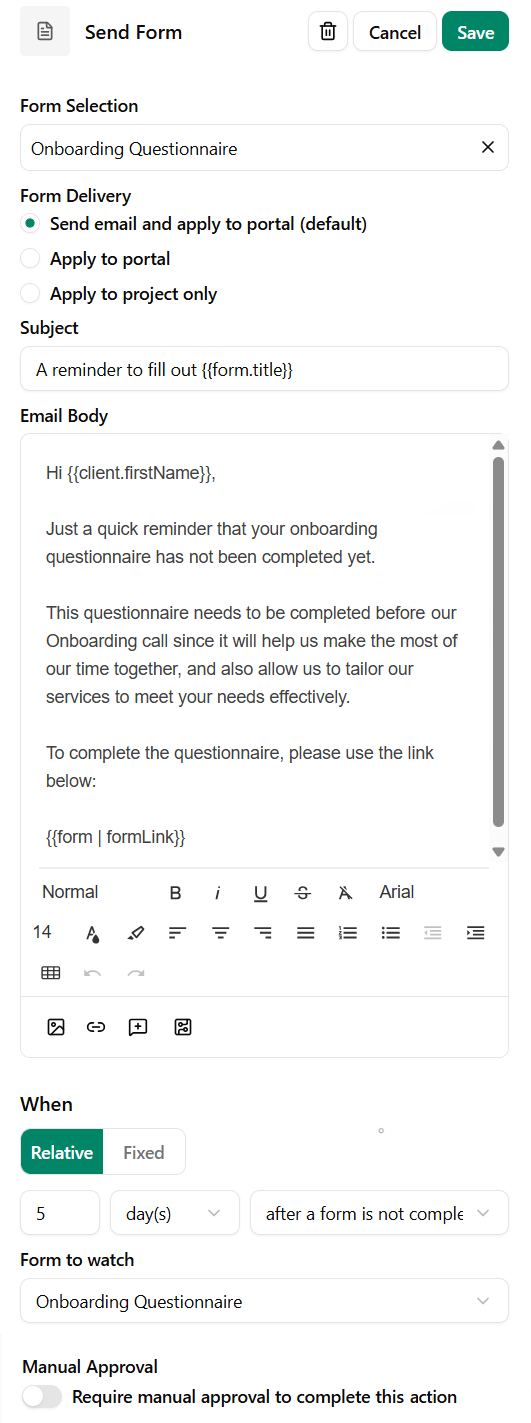 Send a form reminder via a workflow in Dubsado