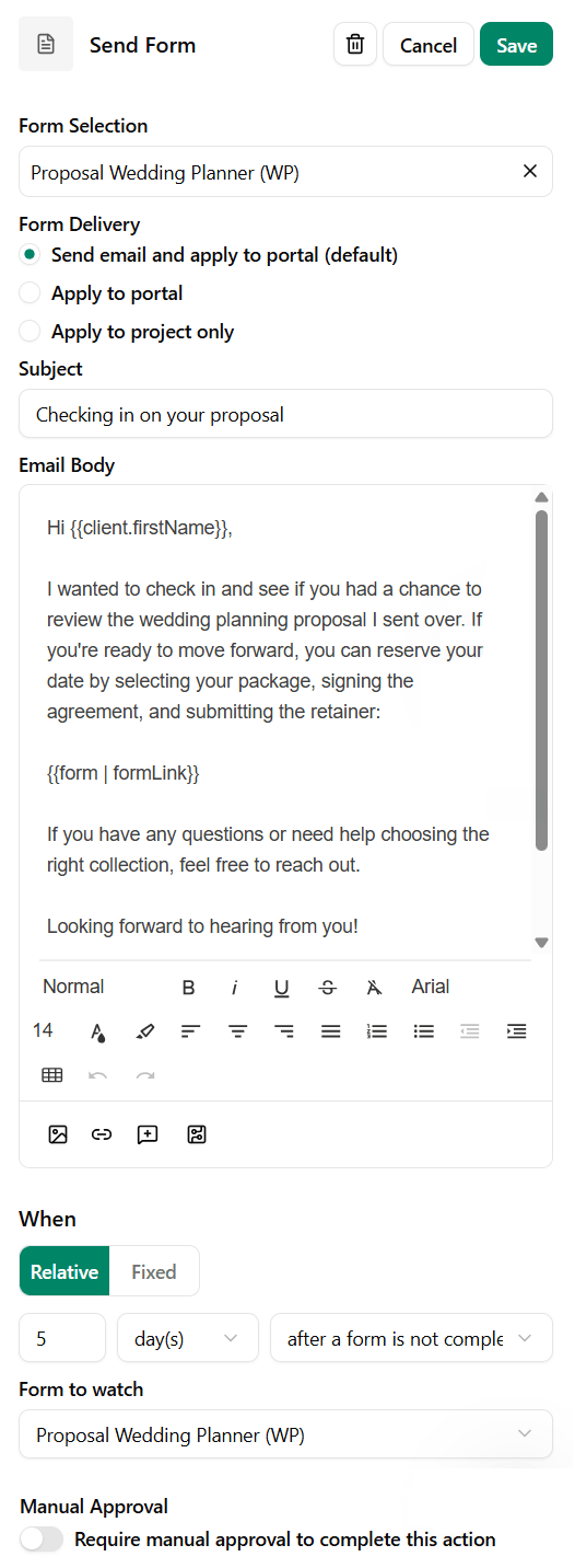 Dubsado Form Reminder After Form is Not Completed