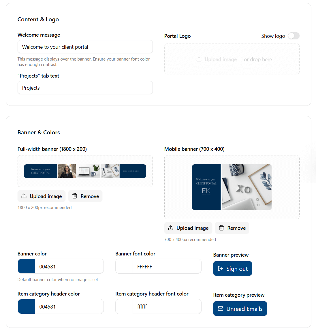 Dubsado client portal settings page showing customization options including welcome message, logo, banner, and color settings
