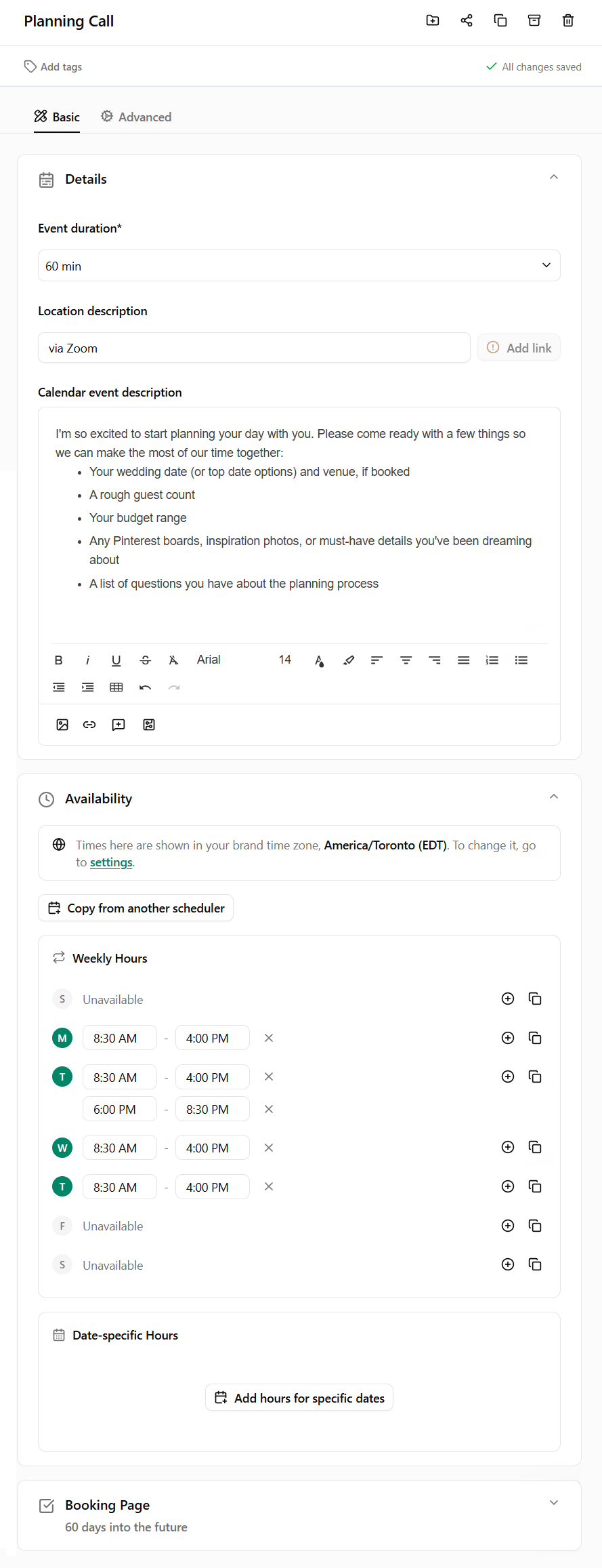 Wedding Planner Scheduler for a Planning Call in Dubsado