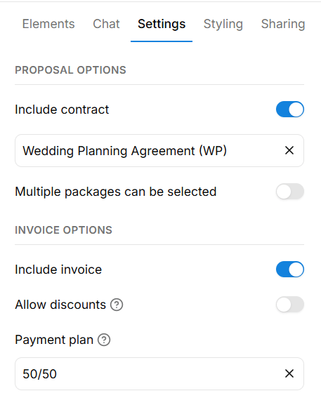 Dubsado proposal form settings showing toggles to include a contract and invoice with an option to attach a payment plan