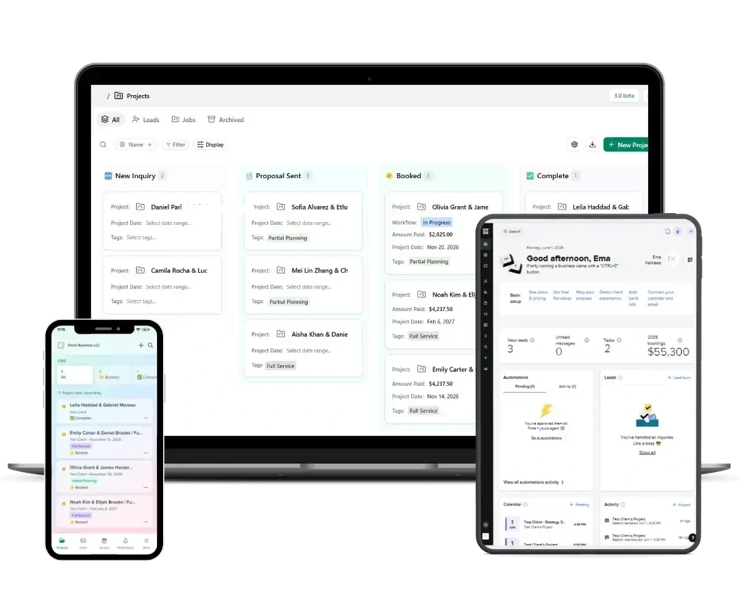 Dubsado and HoneyBook projects and dashboard displayed on a laptop, tablet and phone