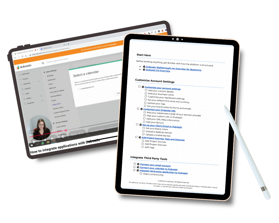 Preview of the Dubsado 101 Checklist showing setup steps for service-based businesses