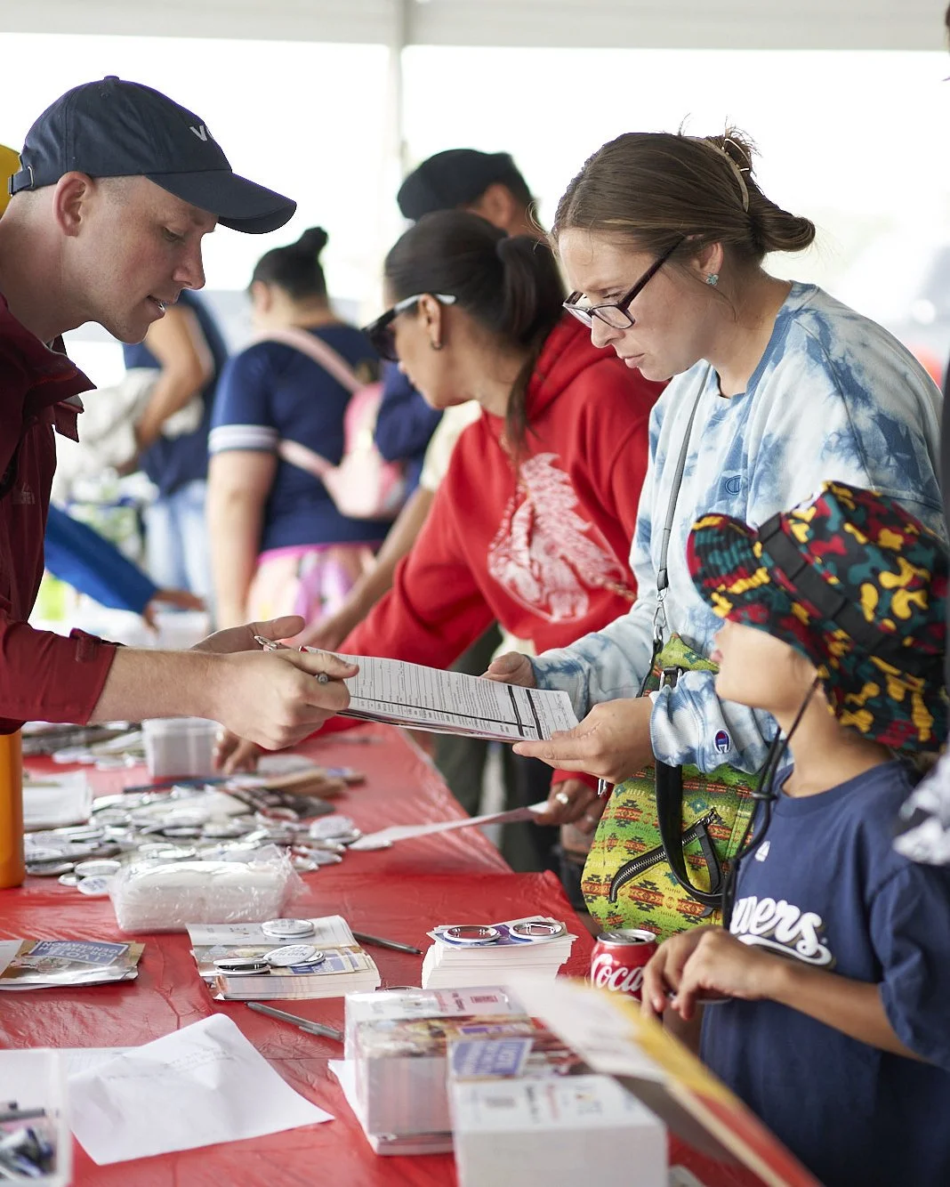 people speaking over table