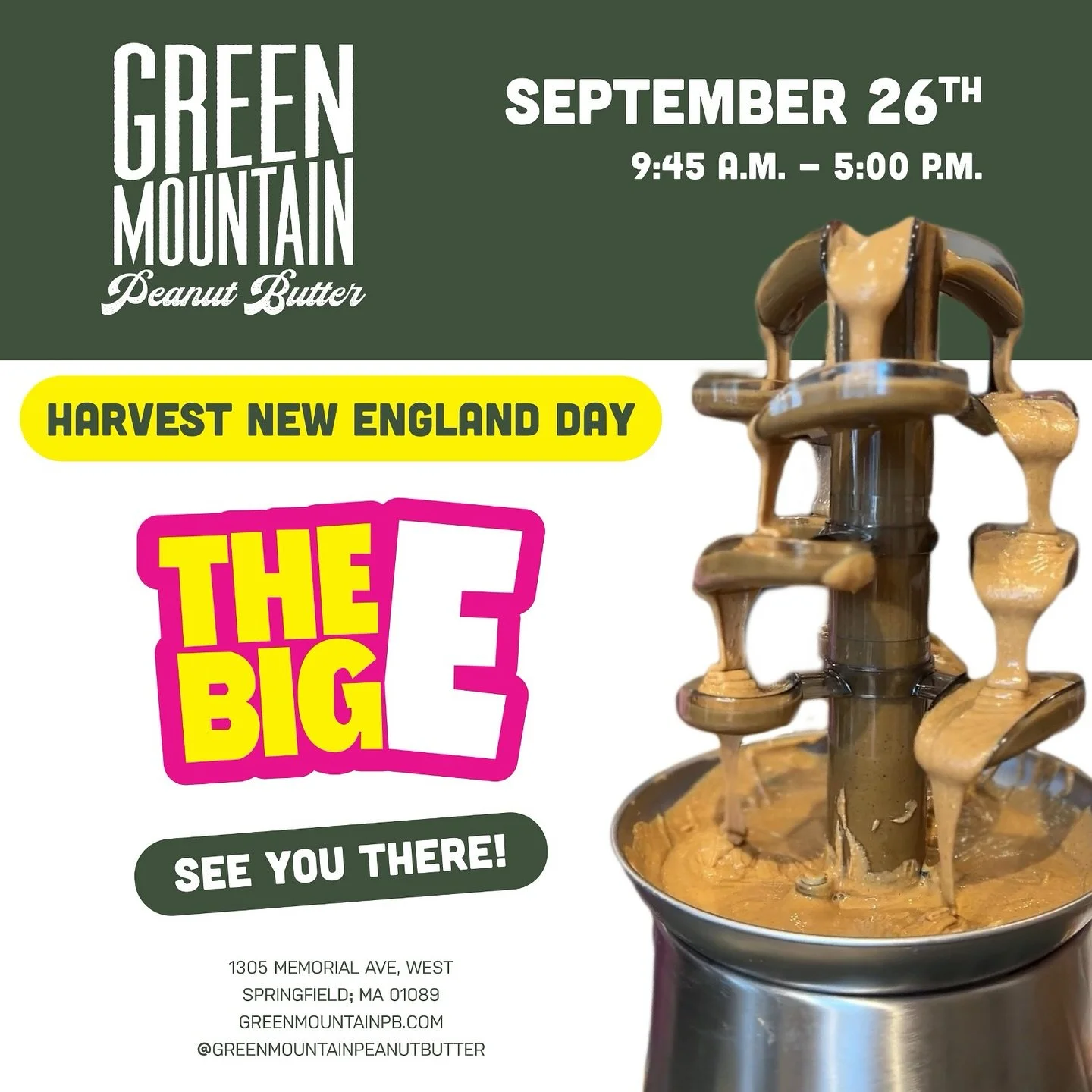 🥜✨ BIG NEWS! ✨🥜We&rsquo;re heading to the Big E on September 26th for Harvest New England Day, and yes&hellip; the Peanut Butter Fountain will be flowing! 🙌

Come by for FREE samples of all your favorite Green Mountain Peanut Butter flavors, inclu