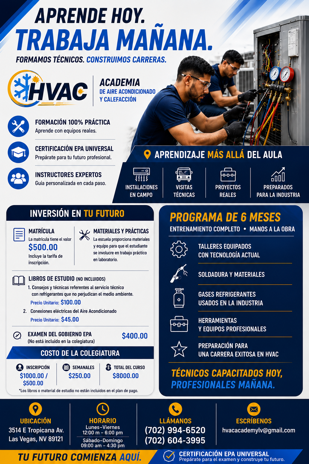 Advertisement for HVAC technical training school offering hands-on courses in air conditioning and heating systems, with details on registration, certification, curriculum, location, and contact information.