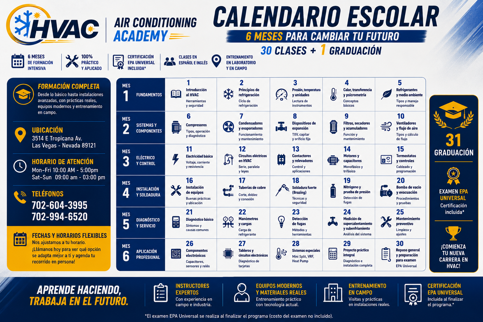 HVAC Air Conditioning Academy school schedule poster with course details, location, contact info, and a graduation icon.