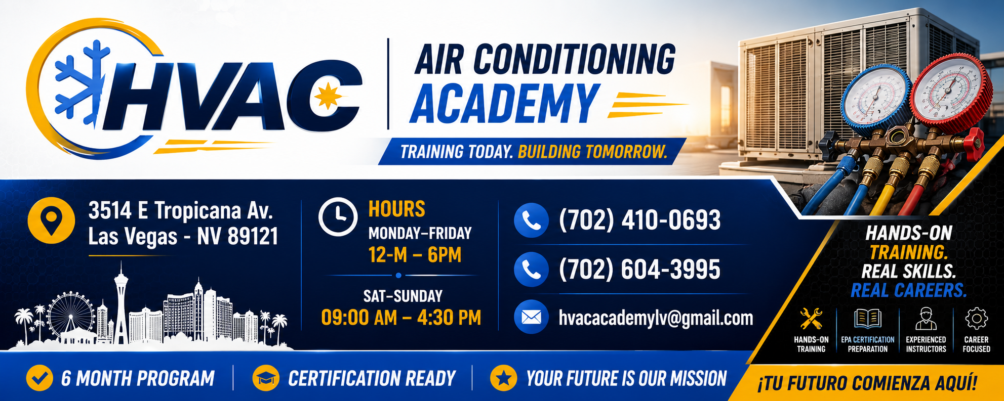 A promotional flyer for HVAC Academy, an air conditioning training school in Las Vegas. The flyer features the academy's logo, contact information, class hours, and a graphic of HVAC tools and equipment, along with a cityscape and sky background.