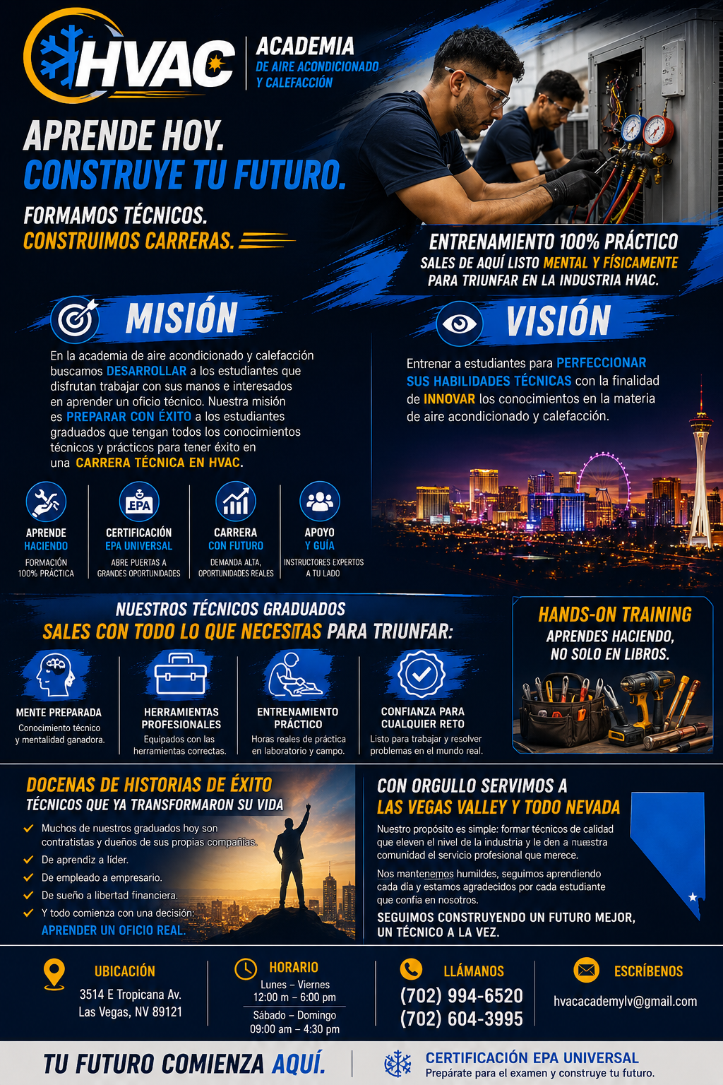Poster advertising HVAC technical training academy in Las Vegas, Nevada, highlighting practical training, certification, career prospects, and success stories of graduates. Features the Las Vegas skyline at sunset with prominent landmarks like the Stratosphere Tower and the High Roller Ferris wheel.