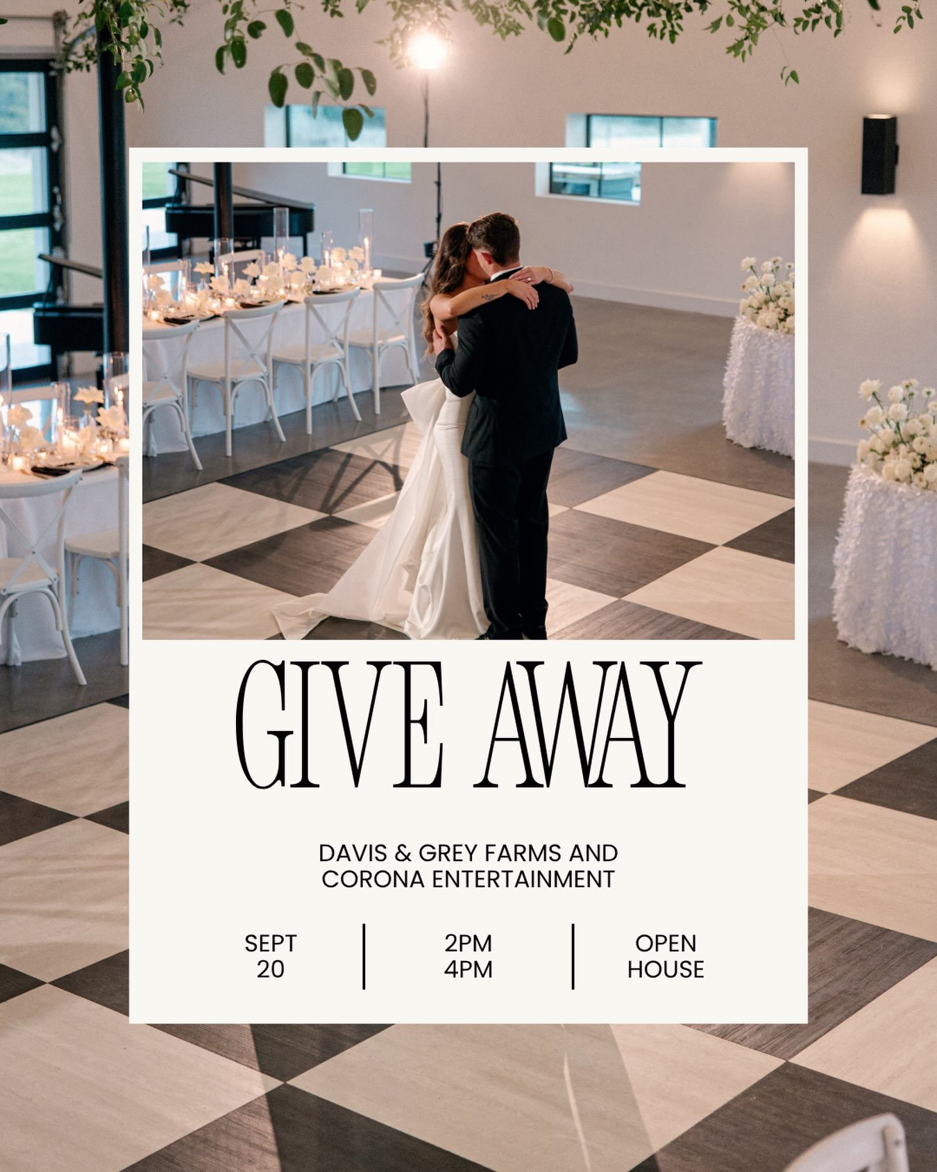 ✨YOU COULD BE DANCING ON US!✨⁣
⁣
We&rsquo;re making our upcoming Davis &amp; Grey Farms Open House even sweeter with an incredible giveaway from Corona Entertainment! 🤍⁣
⁣
One lucky Davis &amp; Grey couple will WIN a dance floor rental of ANY size i