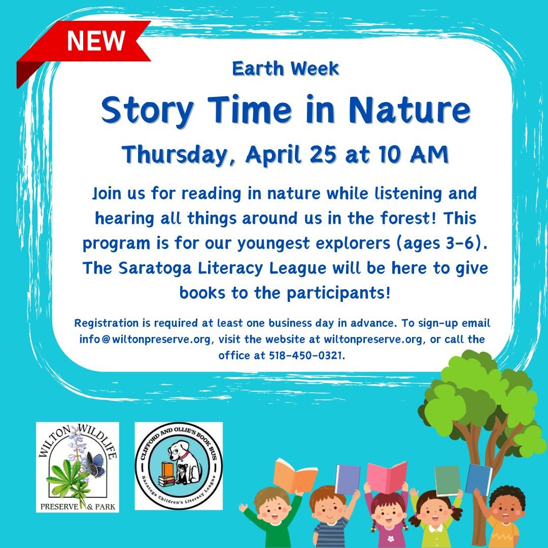 Thursday, April 25 at 10 AM - NEW Story Time in Nature📗☀️

Join volunteer Lisa for reading in nature while listening and hearing all things around us in the forest! This program is for our youngest explorers (ages 3-6). The Saratoga Children's Liter