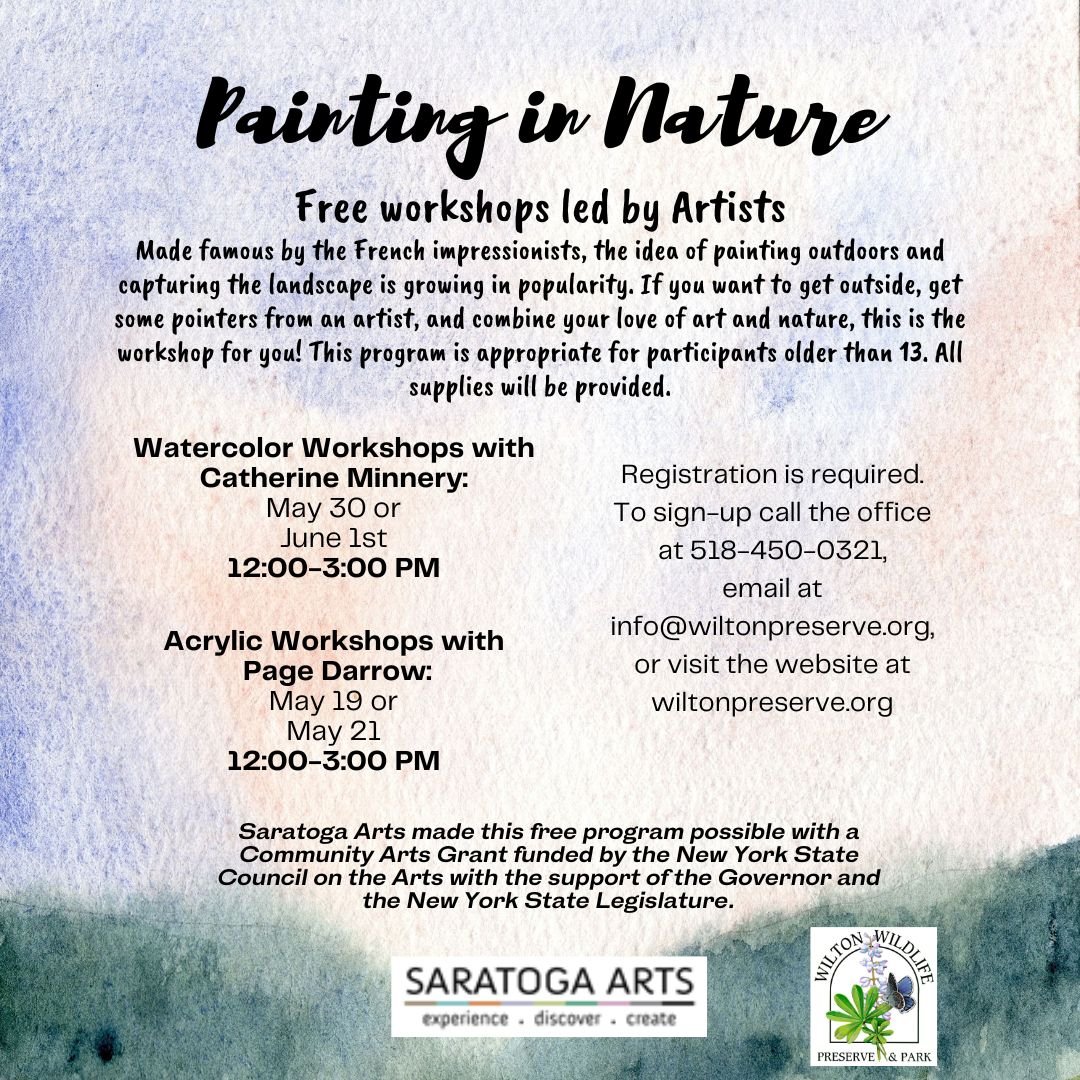 Spring Painting in Nature Workshops are Back with Page and Catherine! 🎨🪻

Acrylic Workshops with Page Darrow will take place on Sunday, May 19 or Tuesday, May 21 from 12pm-3pm

Watercolor Workshops with Catherine will take place on Thursday, May 30