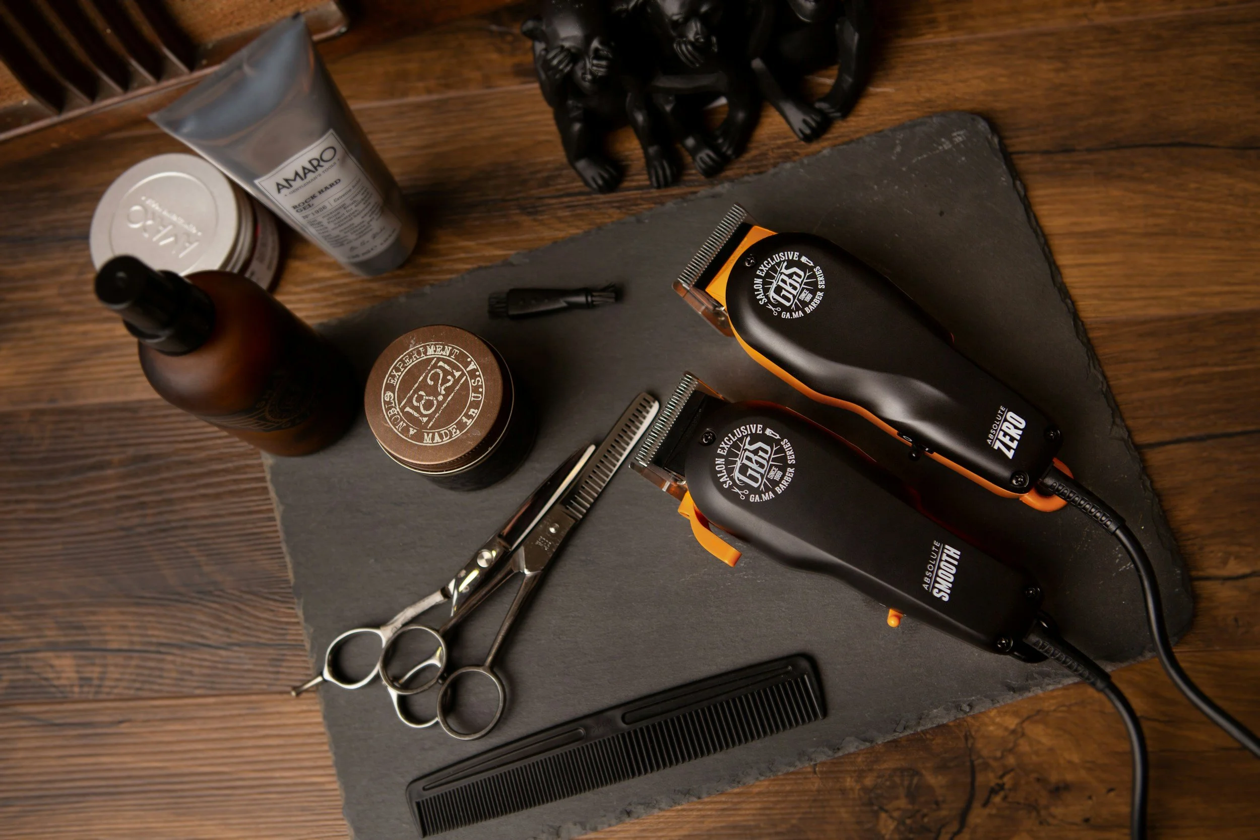 barber products, scissors, paste, comb, clippers