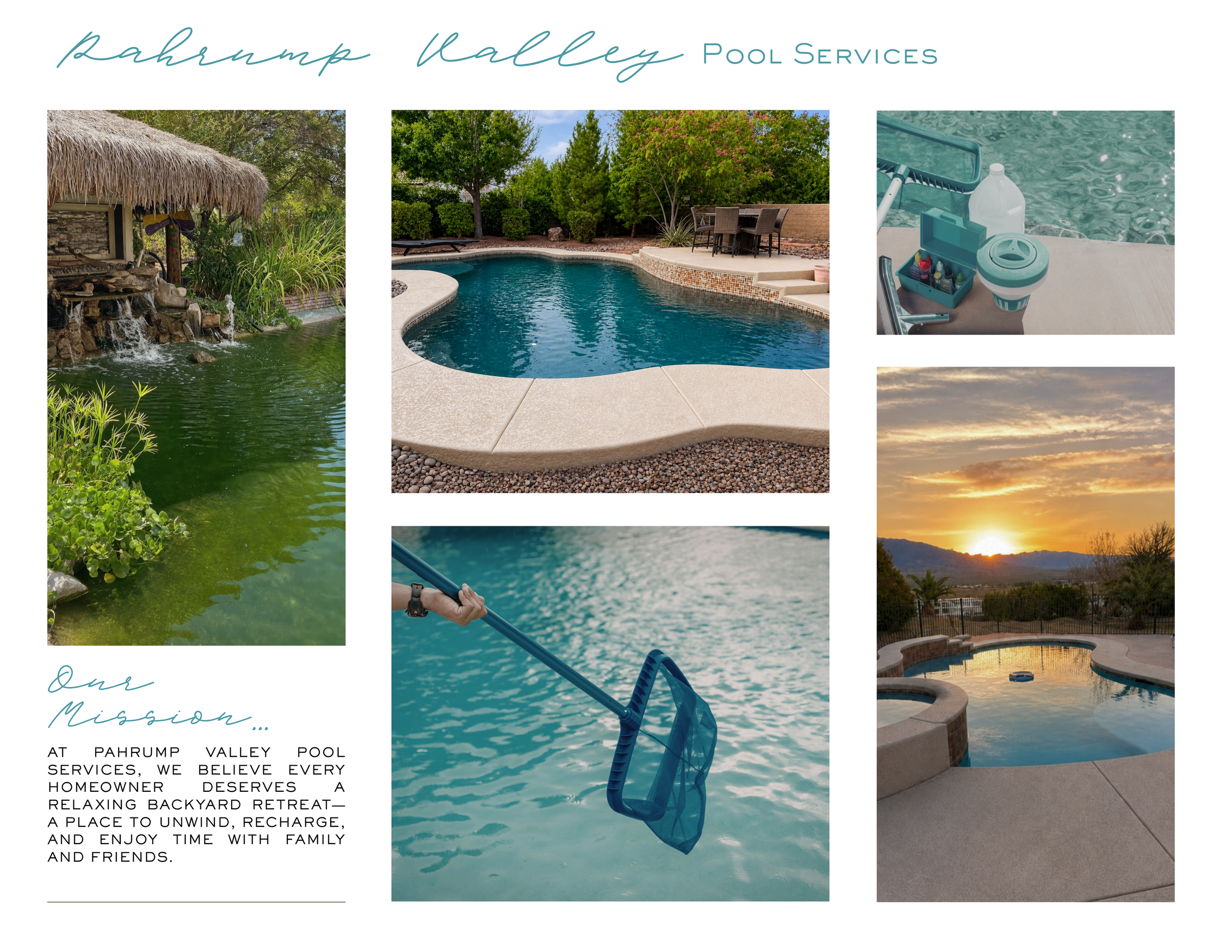 Collage of five images featuring different pools and poolside scenes at Pahrump Valley Pool Services, with text describing their mission to provide relaxing backyard retreats for homeowners.