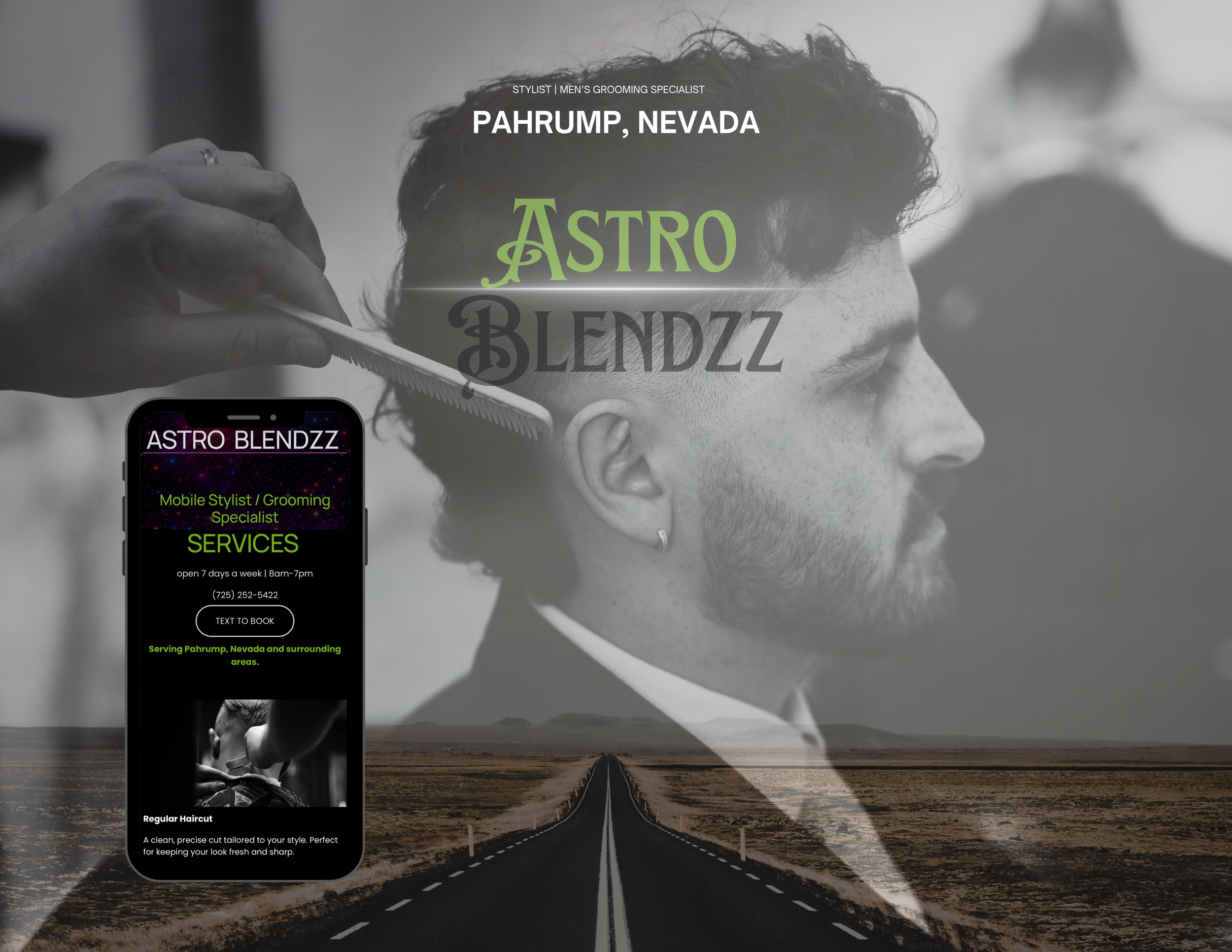 A man with curly hair and a beard getting a haircut with scissors and a comb, with an overlay of a smartphone screen showing a hair salon's website. The background features a desert landscape with a road leading to mountains. Text on the image indicates a stylist in Pahrump, Nevada, named Astro Blendzz.